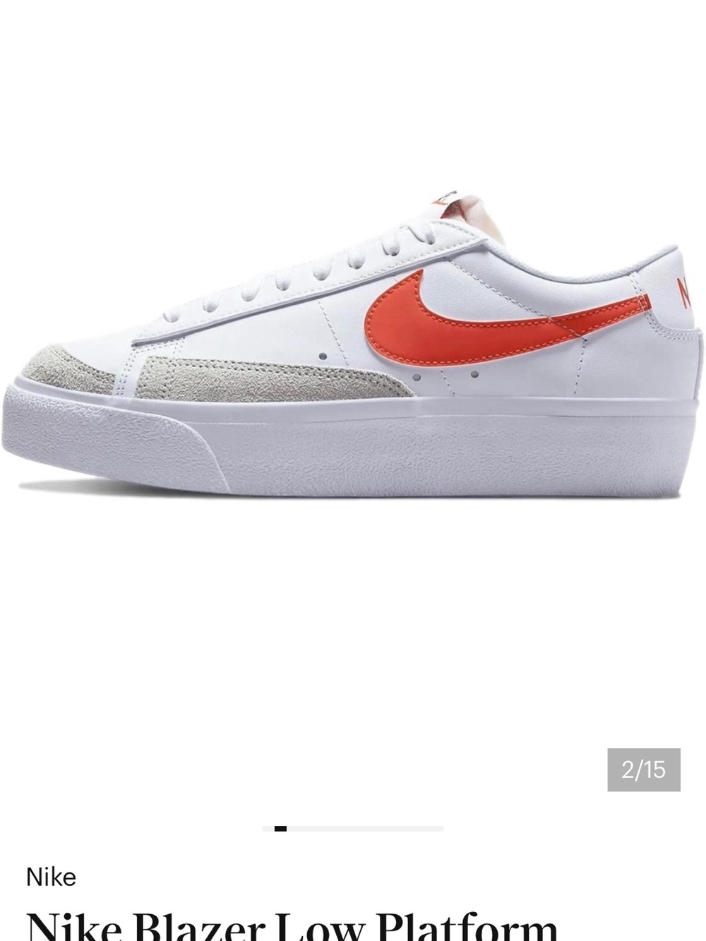 Nike Blazer woman’s  Low Platform Sneakers -  8 White with Orange Swoosh - Picture 3 of 8